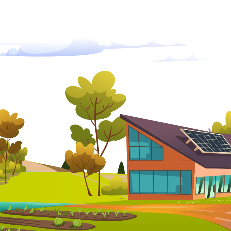 Maison autonome avec potager, étang, panneaux solaires et forêt